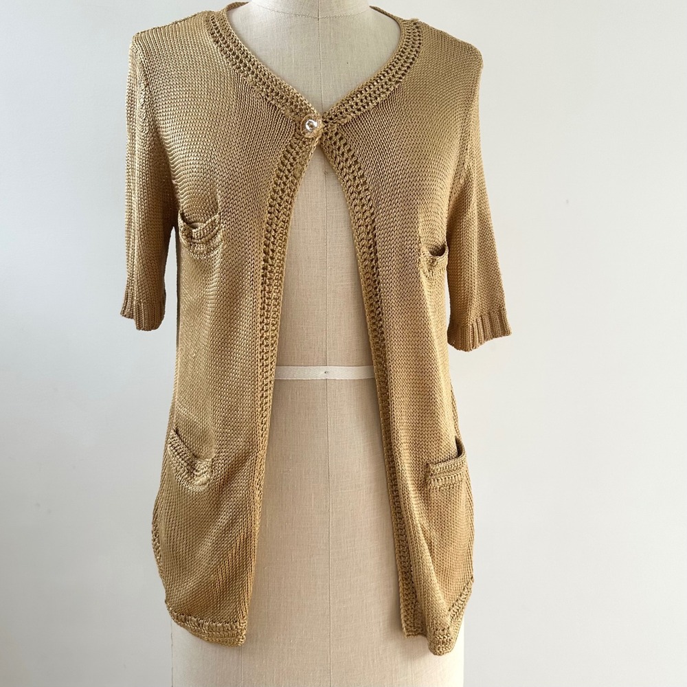 Gold Knit Cardigan Pockets Button‎ Front Metallic Cottagecore Top